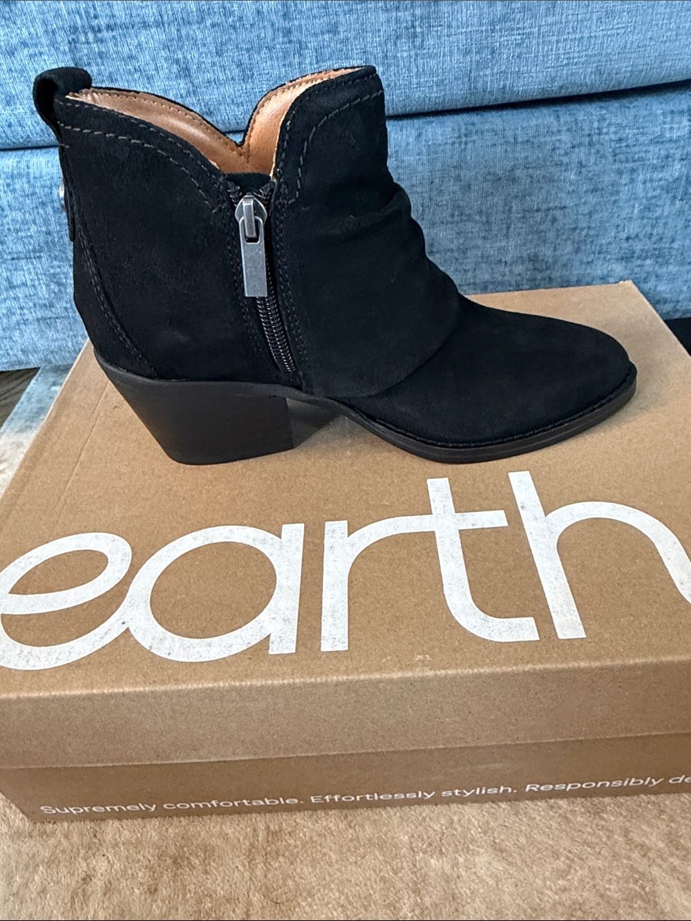 Earth Chandy Black Suede Ankle Booties with Low Block Heel